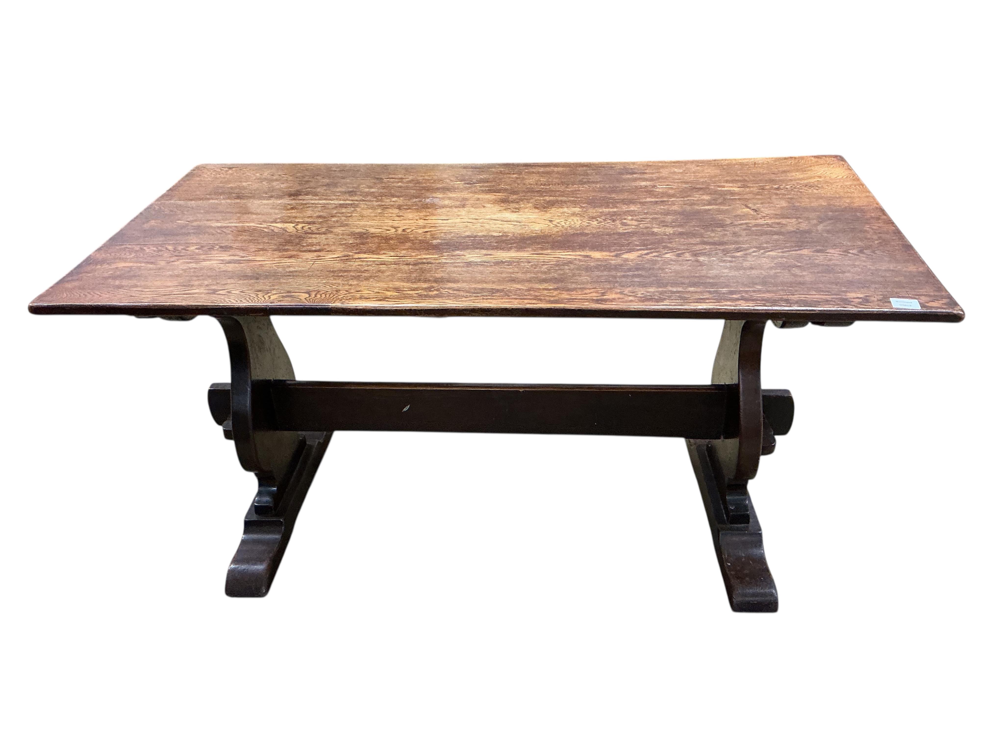 An 18th century style rectangular oak refectory dining table, width 150cm, depth 74cm, height 74cm
